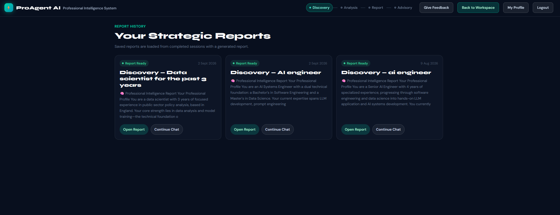ProAgent AI professional intelligence platform interface showing strategic report history