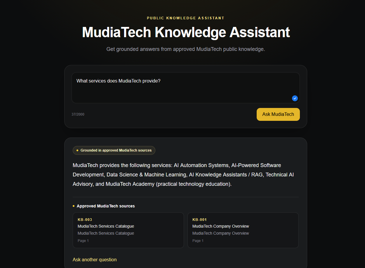 MudiaTech Public RAG AI knowledge assistant showing a grounded response with source citations